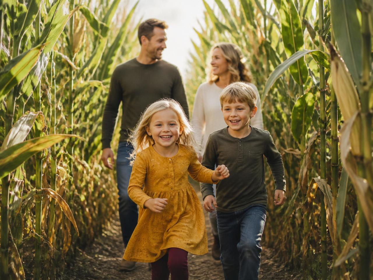 Familie erkundet die verschlungenen Wege des Maislabyrinths auf dem Kulinarik Hof Fahr