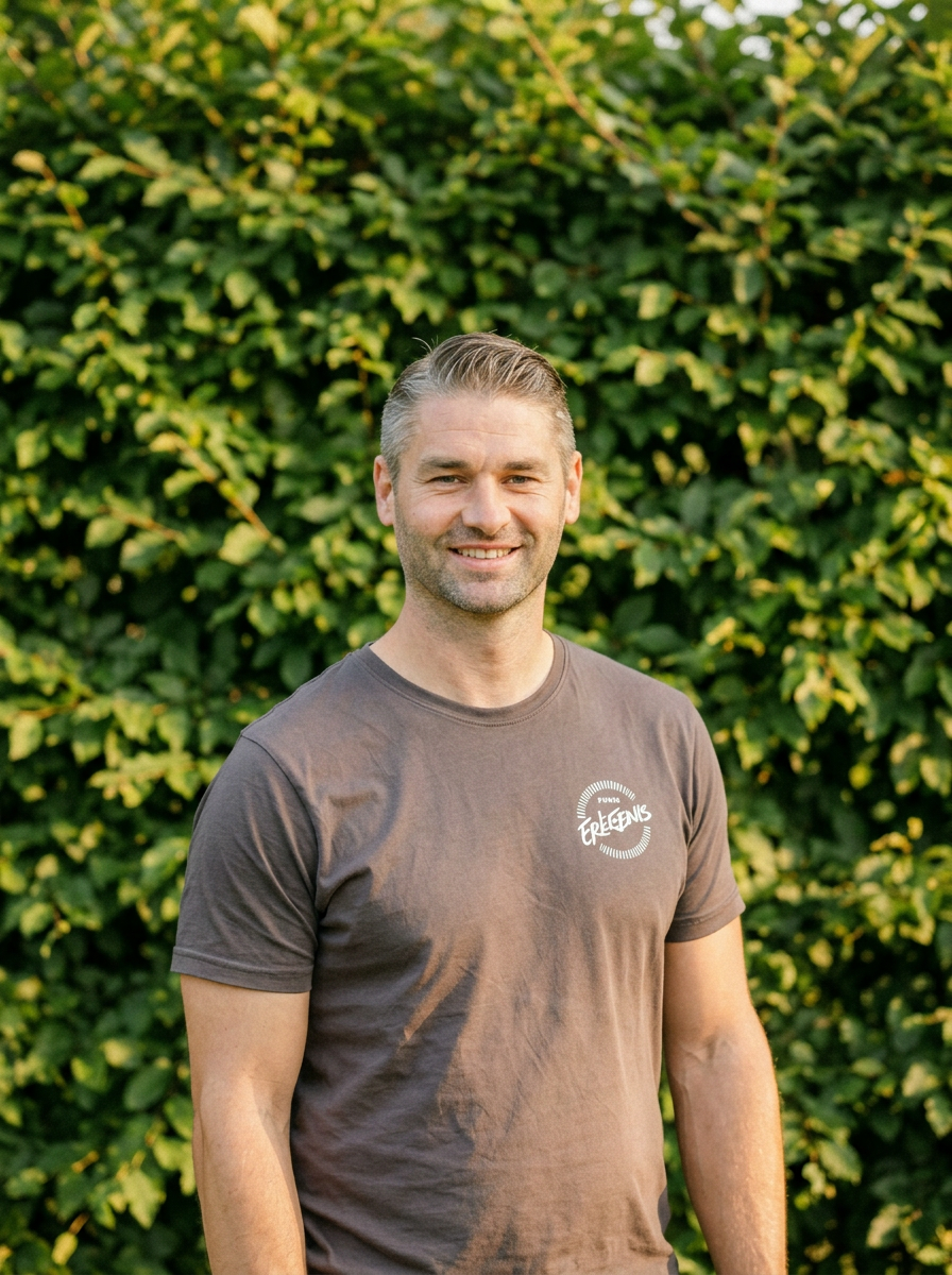 Portrait von Nicolas Baer vor grüner Hecke