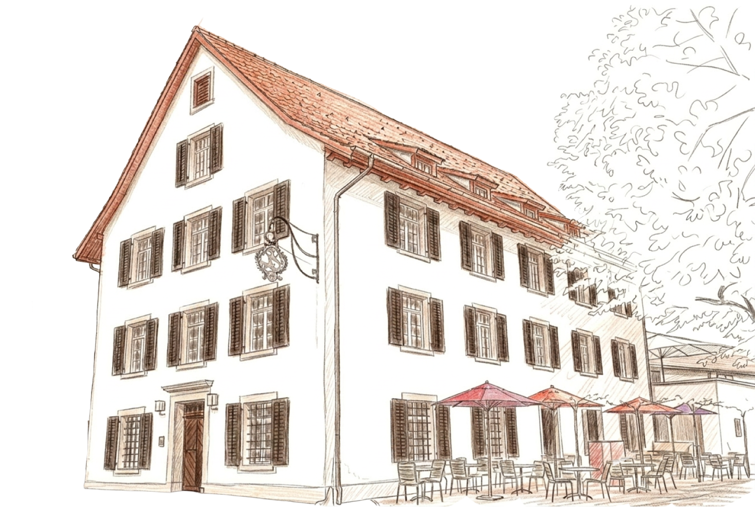 Skizze der Wirtschaft Zwei Raben mit Restaurant im Obergeschoss und Rabestube im Erdgeschoss